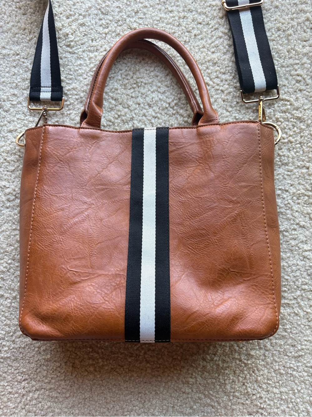 Social Threads The Motherchic tan Faux Leather Tote with Black and White Stripe